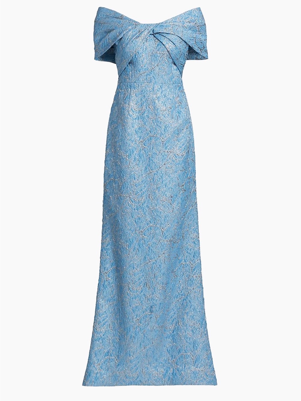 Teri Jon Textured Mermaid Stunning Blue Off-Shoulder Jacquard Gown Like New